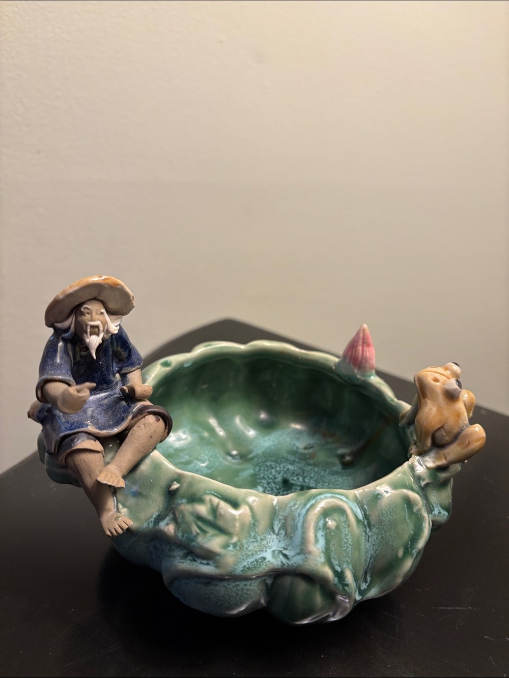Vintage Chinese Ceramic Figurine Planter Bowl with Fisherman & a frog